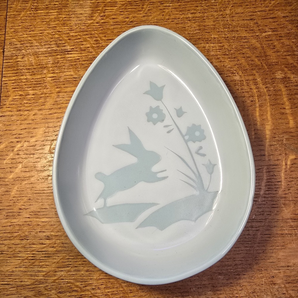 Easter Egg Shape Candy Dish‎ Bowl Blue Ceramic Bunnies Floral Trinket